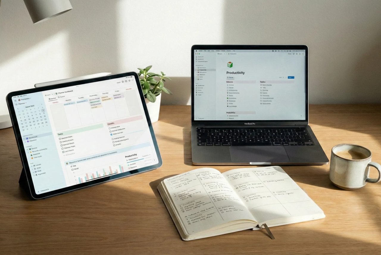 Modern digital planner and productivity tools workspace setup for 2026 planning system