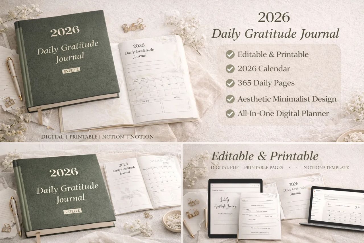 Free 2026 Daily Gratitude Journal Printable and Digital Planner