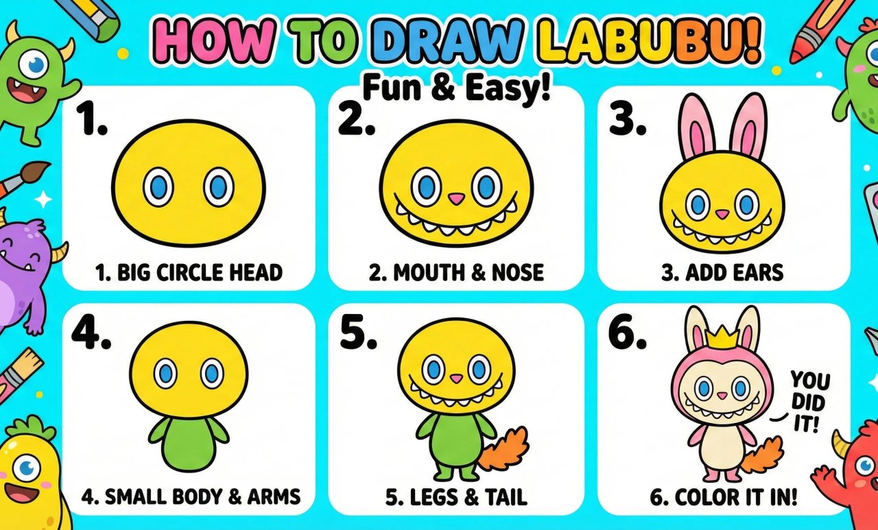 Step by step how to draw a Labubu – easy drawing tutorial