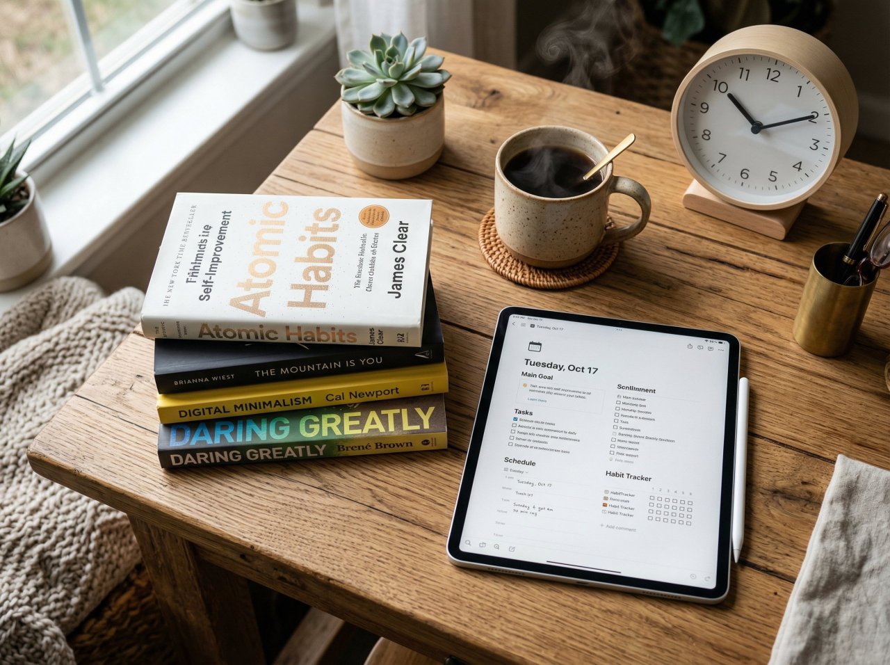 A close-up photo of Cal Newport's 'Deep Work' book open on a rustic desk next to a minimalist analog clock and a technical pen, symbolizing deep focus and disciplined time blocking.