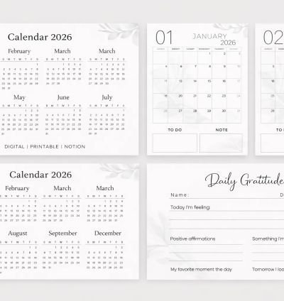 Editable 2026 Daily Gratitude Journal Planner | Printable & Digital Self Care Journal | Mindset & Productivity Planner